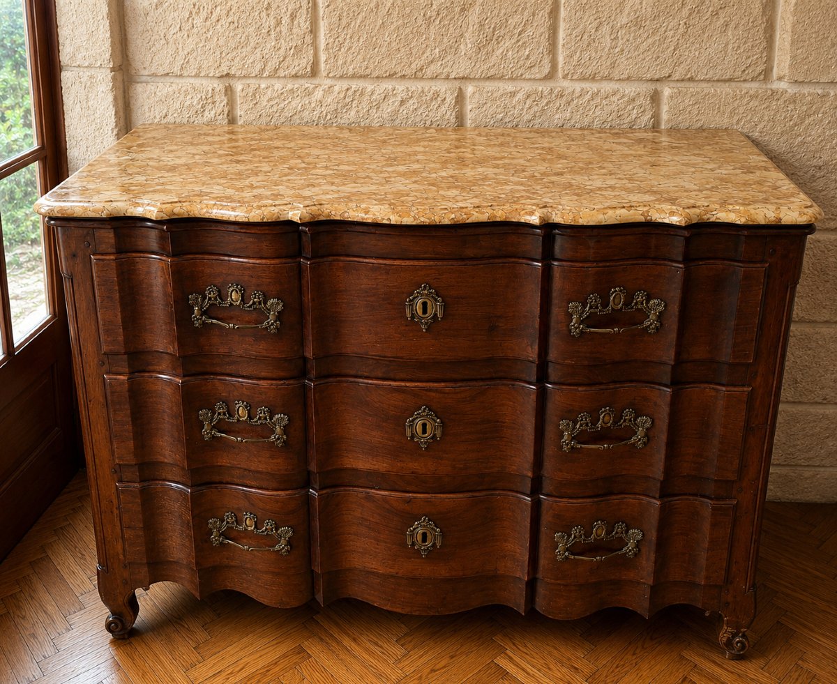 Commode Arbalète Bordelaise En Acajou Massif, Époque Louis XV, Dessus Marbre-photo-4