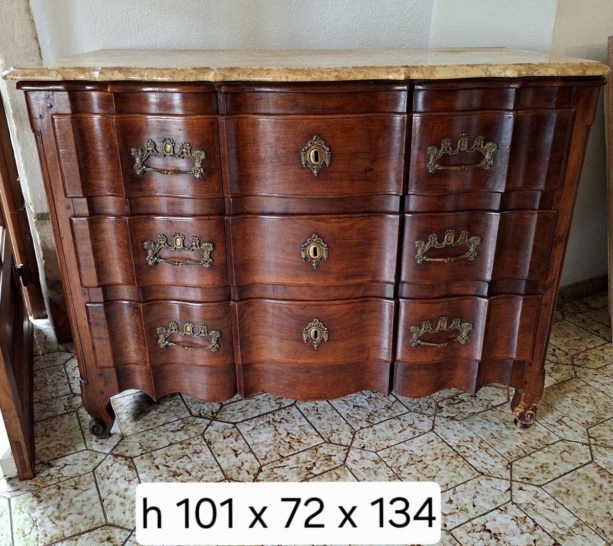 Commode Arbalète Bordelaise En Acajou Massif, Époque Louis XV, Dessus Marbre-photo-1