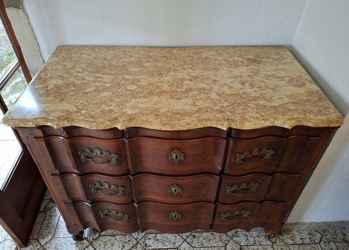 Commode Arbalète Bordelaise En Acajou Massif, Époque Louis XV, Dessus Marbre-photo-3