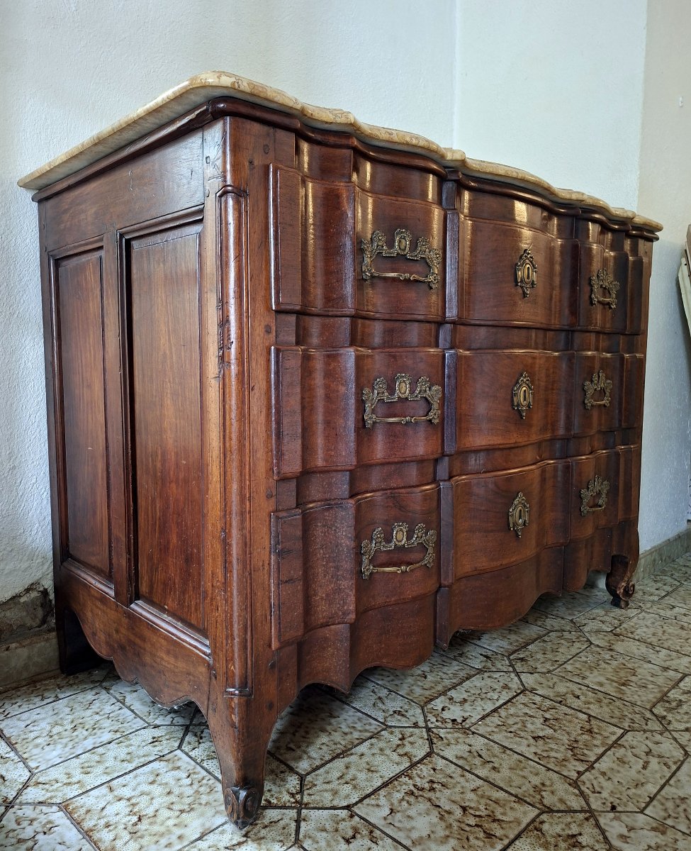 Commode Arbalète Bordelaise En Acajou Massif, Époque Louis XV, Dessus Marbre-photo-6
