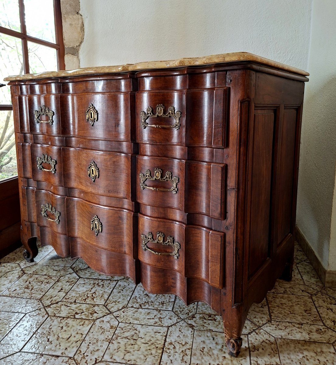 Commode Arbalète Bordelaise En Acajou Massif, Époque Louis XV, Dessus Marbre-photo-7
