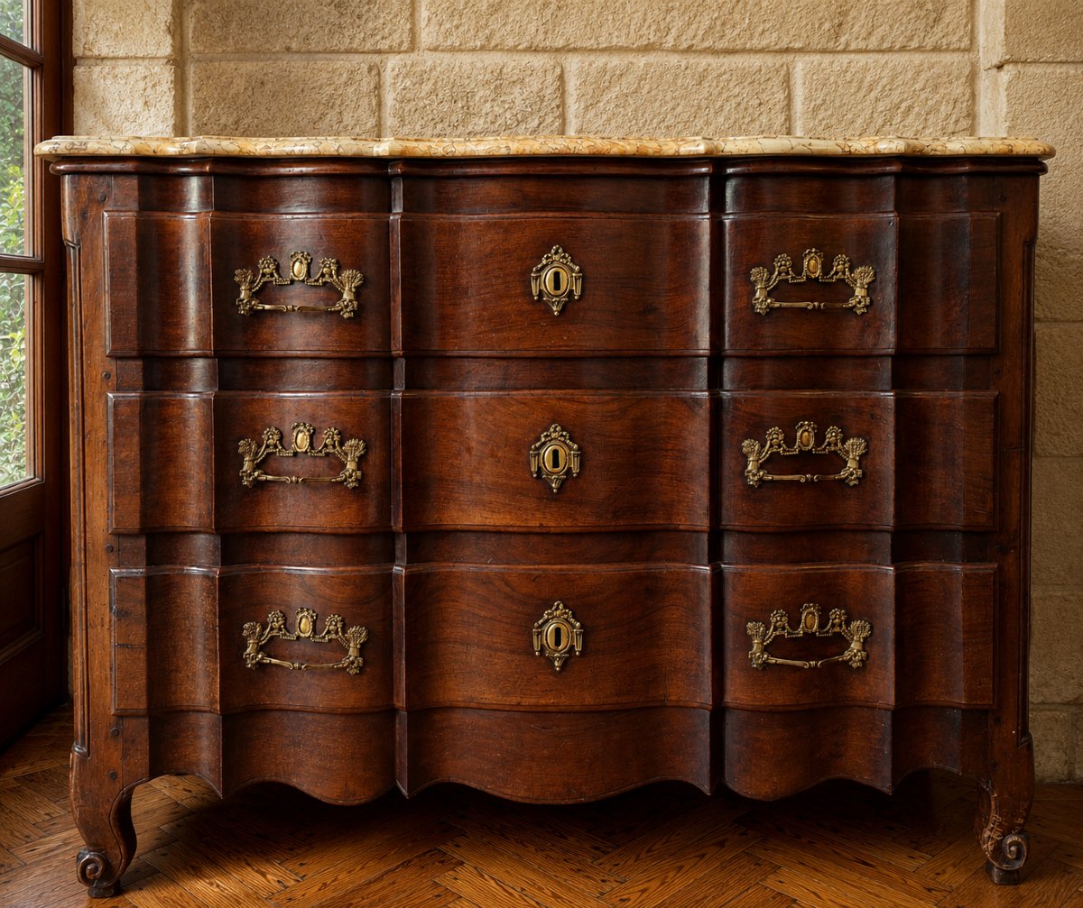 Commode Arbalète Bordelaise En Acajou Massif, Époque Louis XV, Dessus Marbre