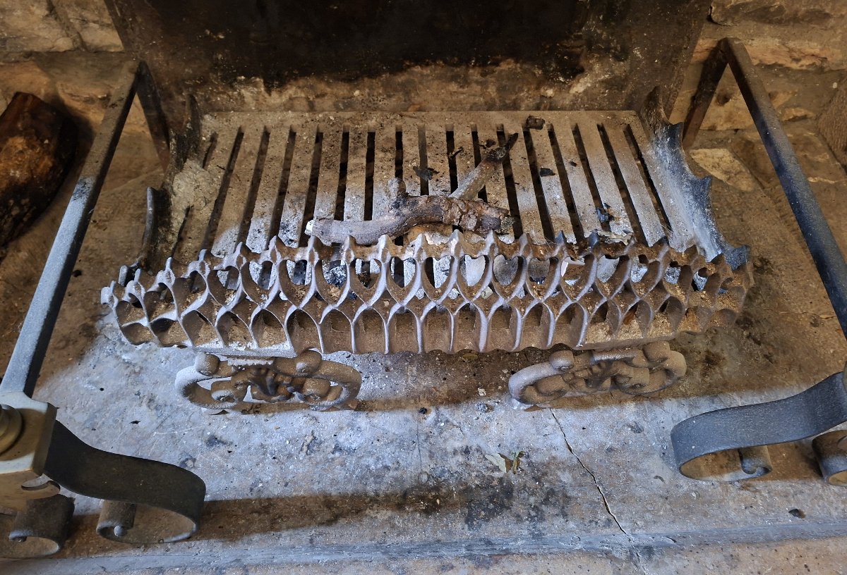 Paire De Chenets En Fer Forgé Et Laiton Avec Porte-Bûches De Cheminée, XIXe Siècle-photo-3
