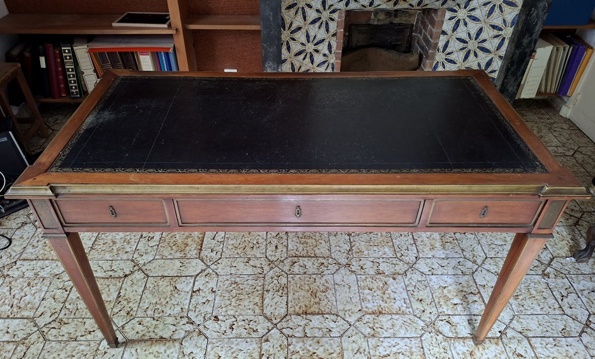 Large Parisian Center-drawer Desk With Pull-out Drawers, Louis XVI Style, Mahogany And Gilded Bronze, 19th Century -photo-4