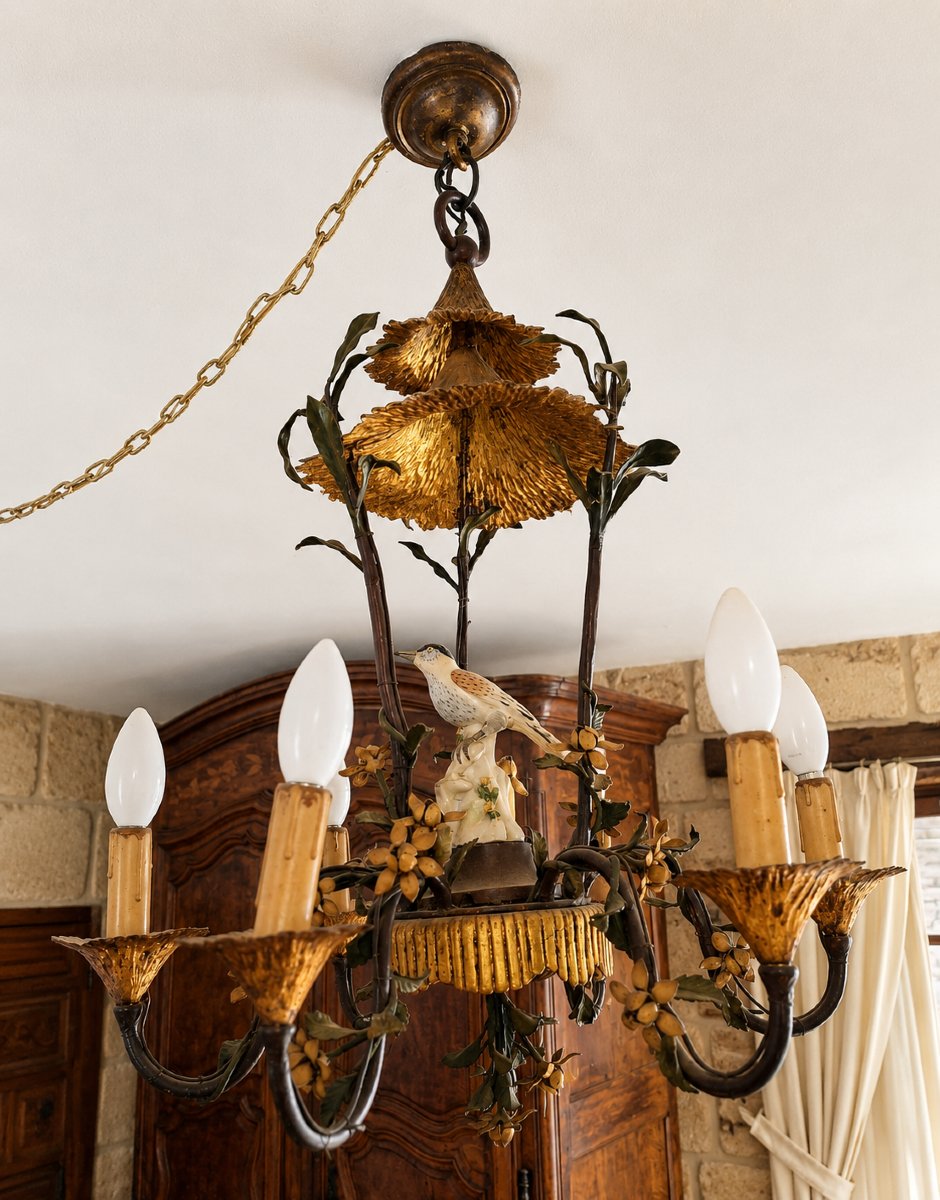 Lustre Naturaliste Aux Oiseaux, Fleurs Et Feuillages, Tôle Peinte Et Porcelaine de Saxe-photo-2