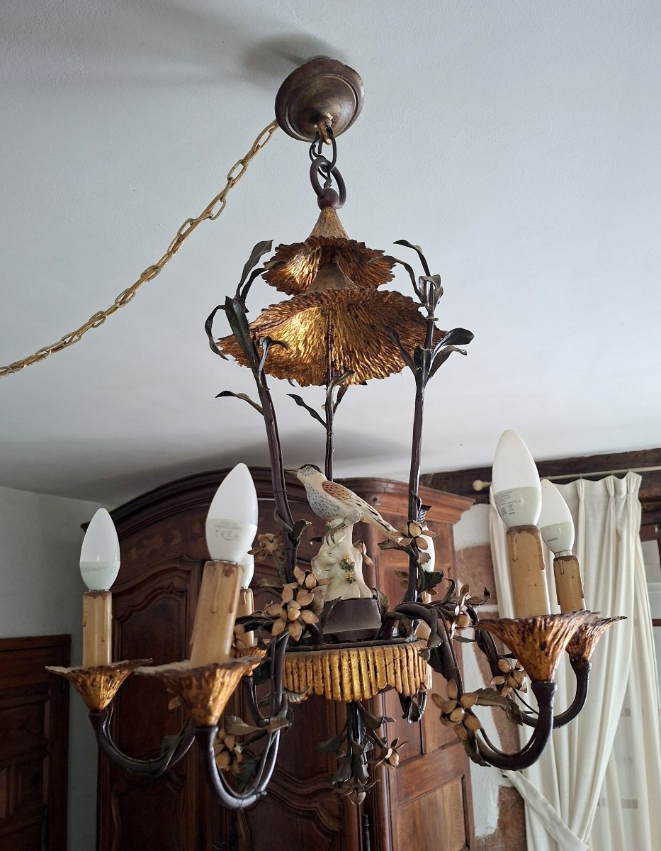 Lustre Naturaliste Aux Oiseaux, Fleurs Et Feuillages, Tôle Peinte Et Porcelaine de Saxe-photo-4