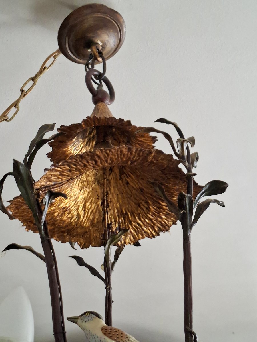 Lustre Naturaliste Aux Oiseaux, Fleurs Et Feuillages, Tôle Peinte Et Porcelaine de Saxe-photo-1