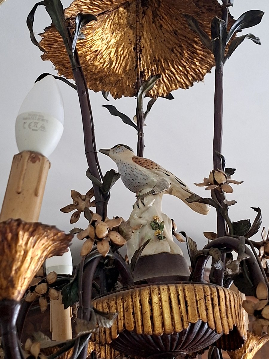 Lustre Naturaliste Aux Oiseaux, Fleurs Et Feuillages, Tôle Peinte Et Porcelaine de Saxe-photo-2