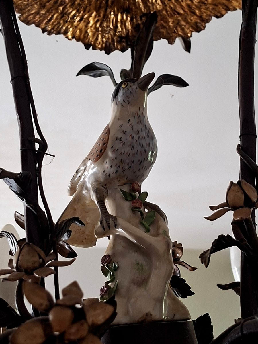 Lustre Naturaliste Aux Oiseaux, Fleurs Et Feuillages, Tôle Peinte Et Porcelaine de Saxe-photo-3