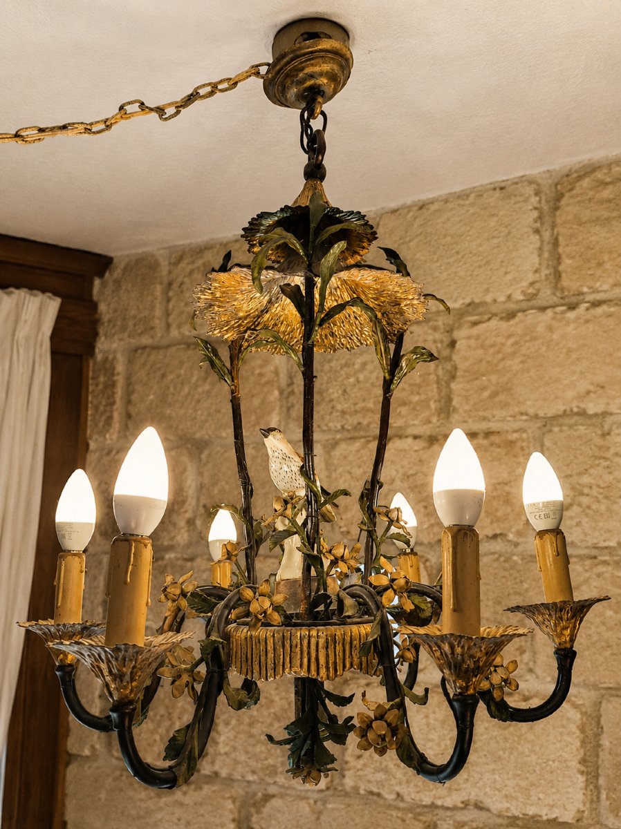 Lustre Naturaliste Aux Oiseaux, Fleurs Et Feuillages, Tôle Peinte Et Porcelaine de Saxe