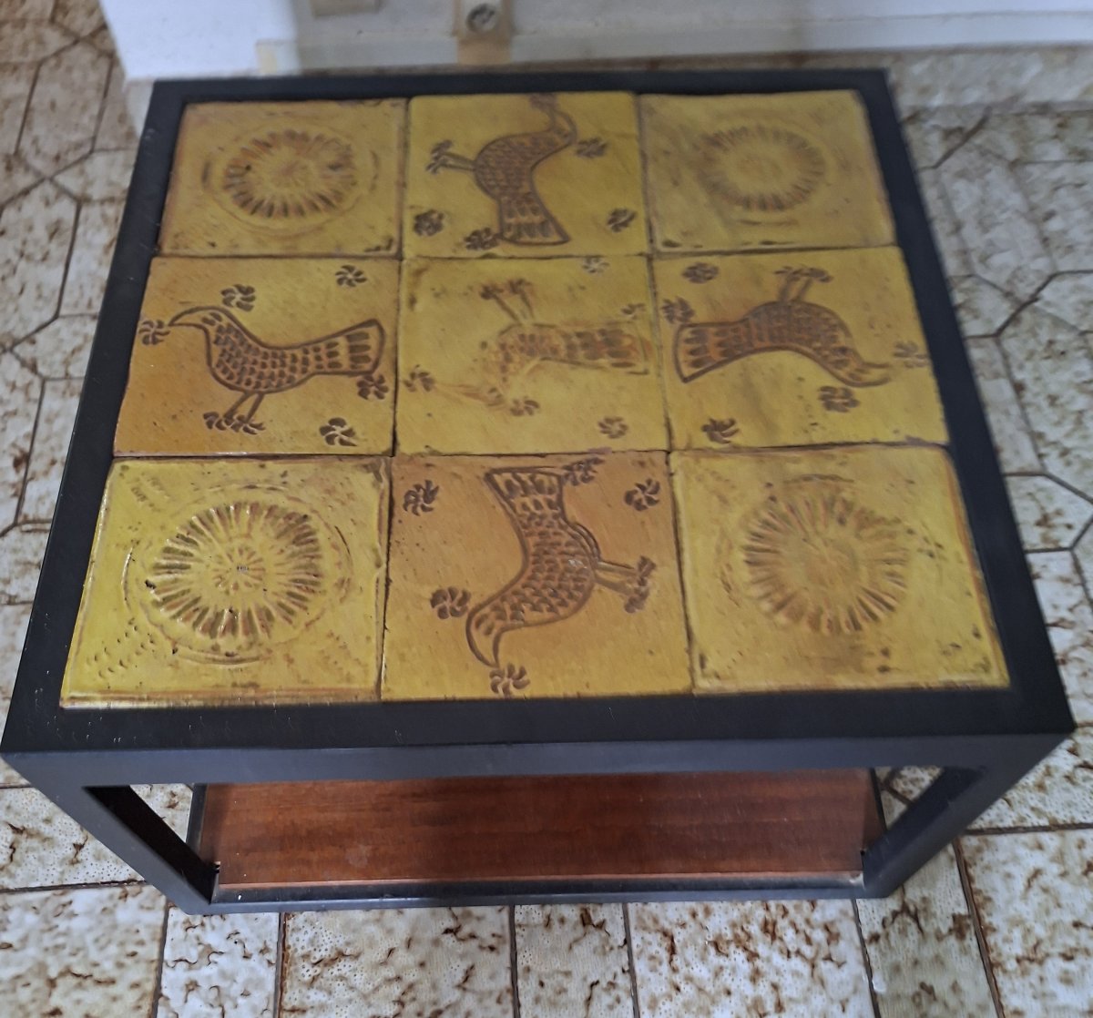 Glazed Ceramic And Black Metal Coffee Table, Stylized Bird Design-photo-3