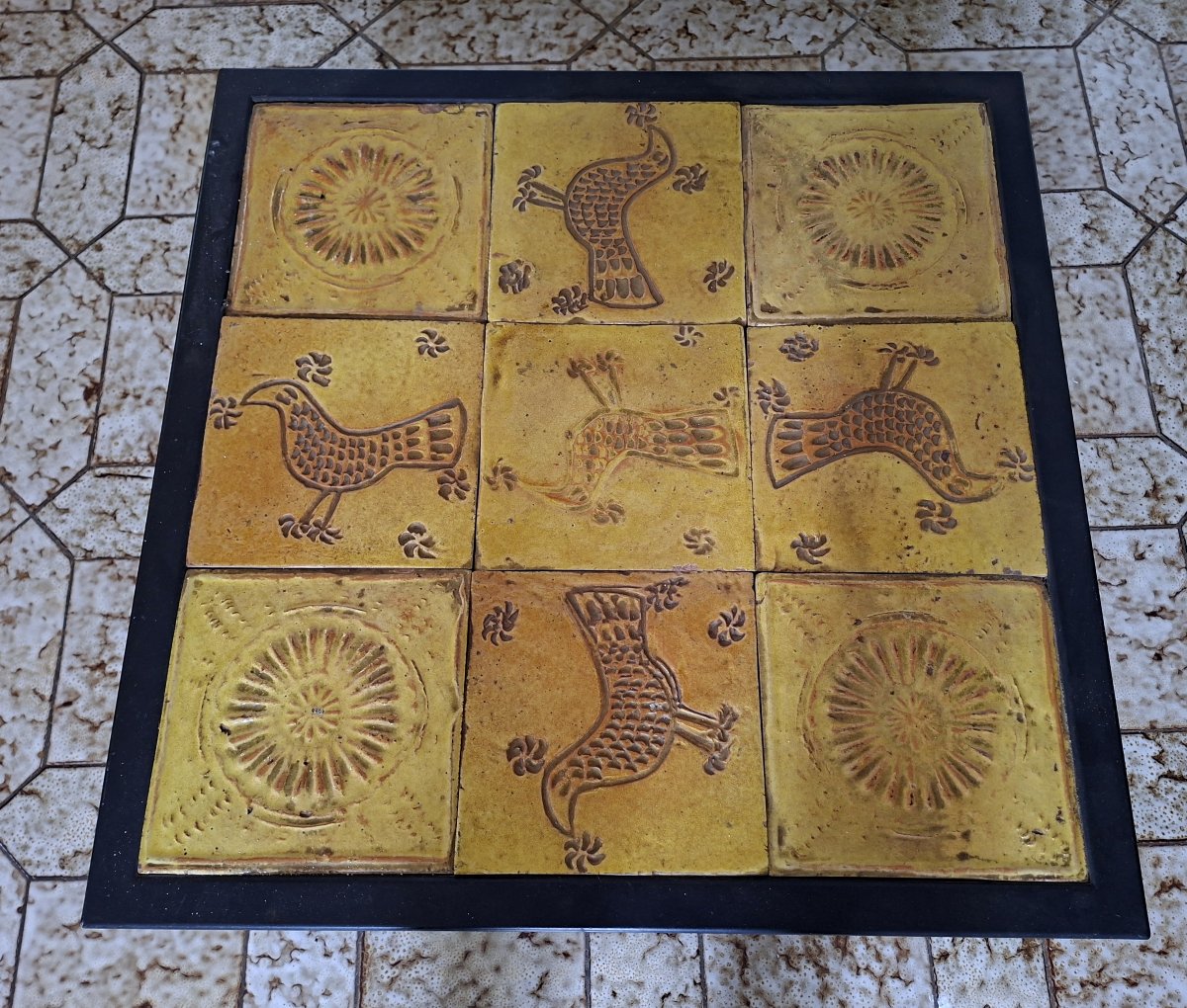 Glazed Ceramic And Black Metal Coffee Table, Stylized Bird Design-photo-4