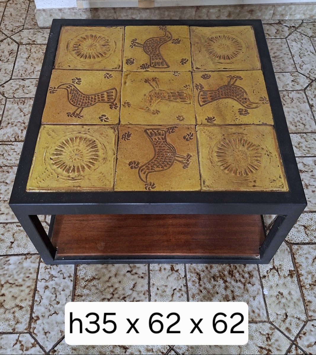 Glazed Ceramic And Black Metal Coffee Table, Stylized Bird Design-photo-3