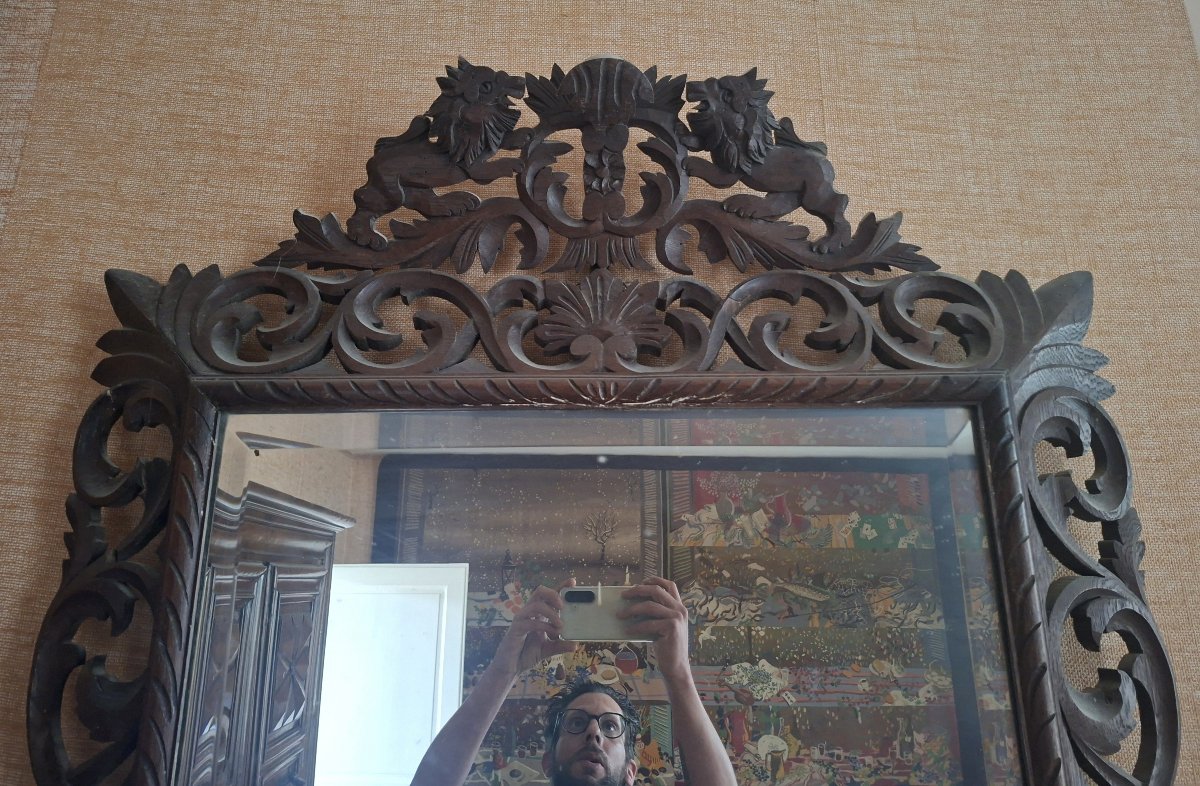 Grand miroir à fronton ajouré en bois sculpté – Fin XIXe siècle-photo-3