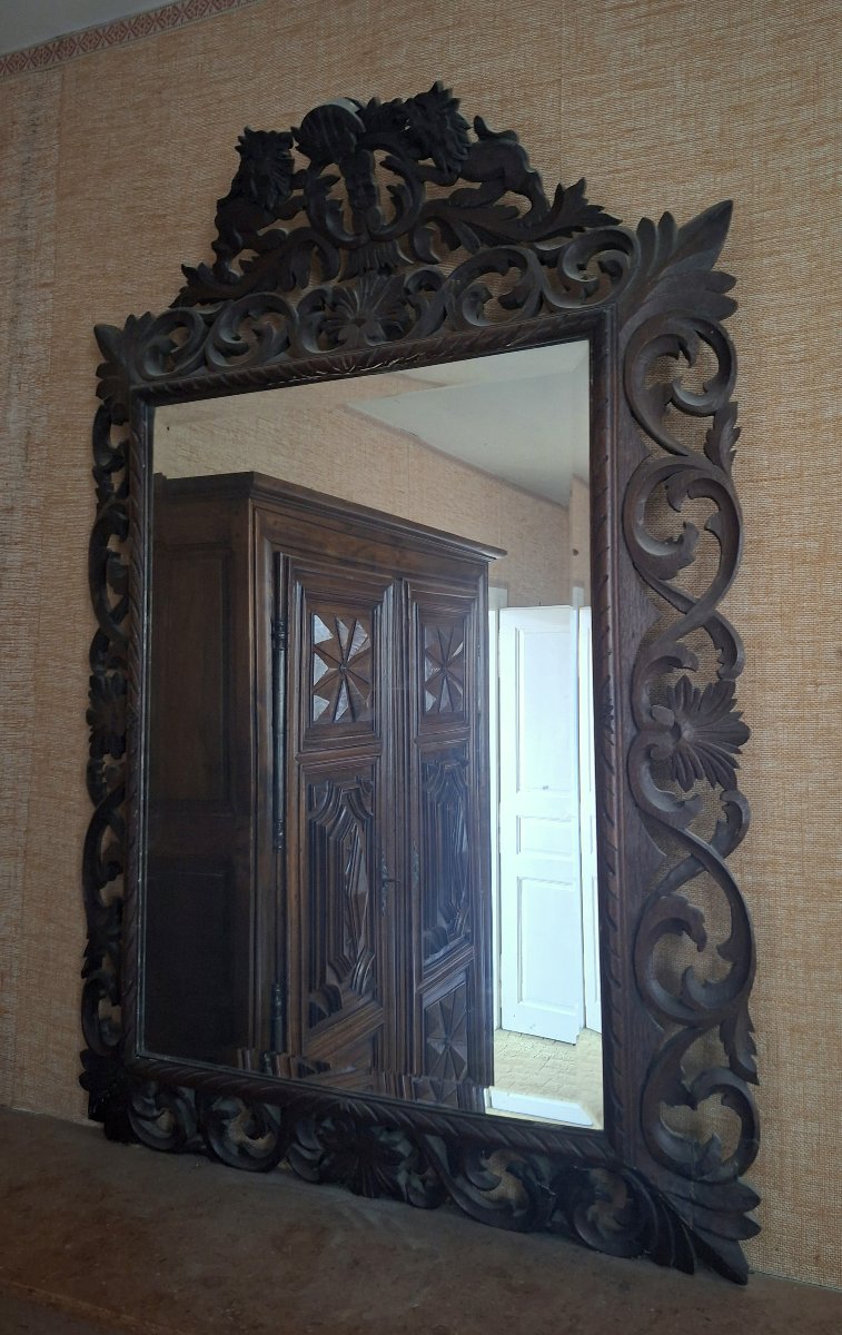Grand miroir à fronton ajouré en bois sculpté – Fin XIXe siècle-photo-4