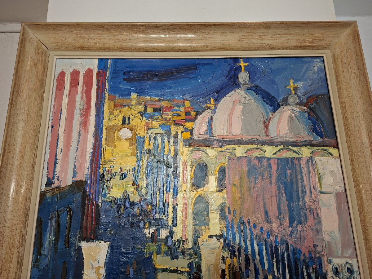 Importante huile sur toile représentant la Piazzetta à Venise-photo-3