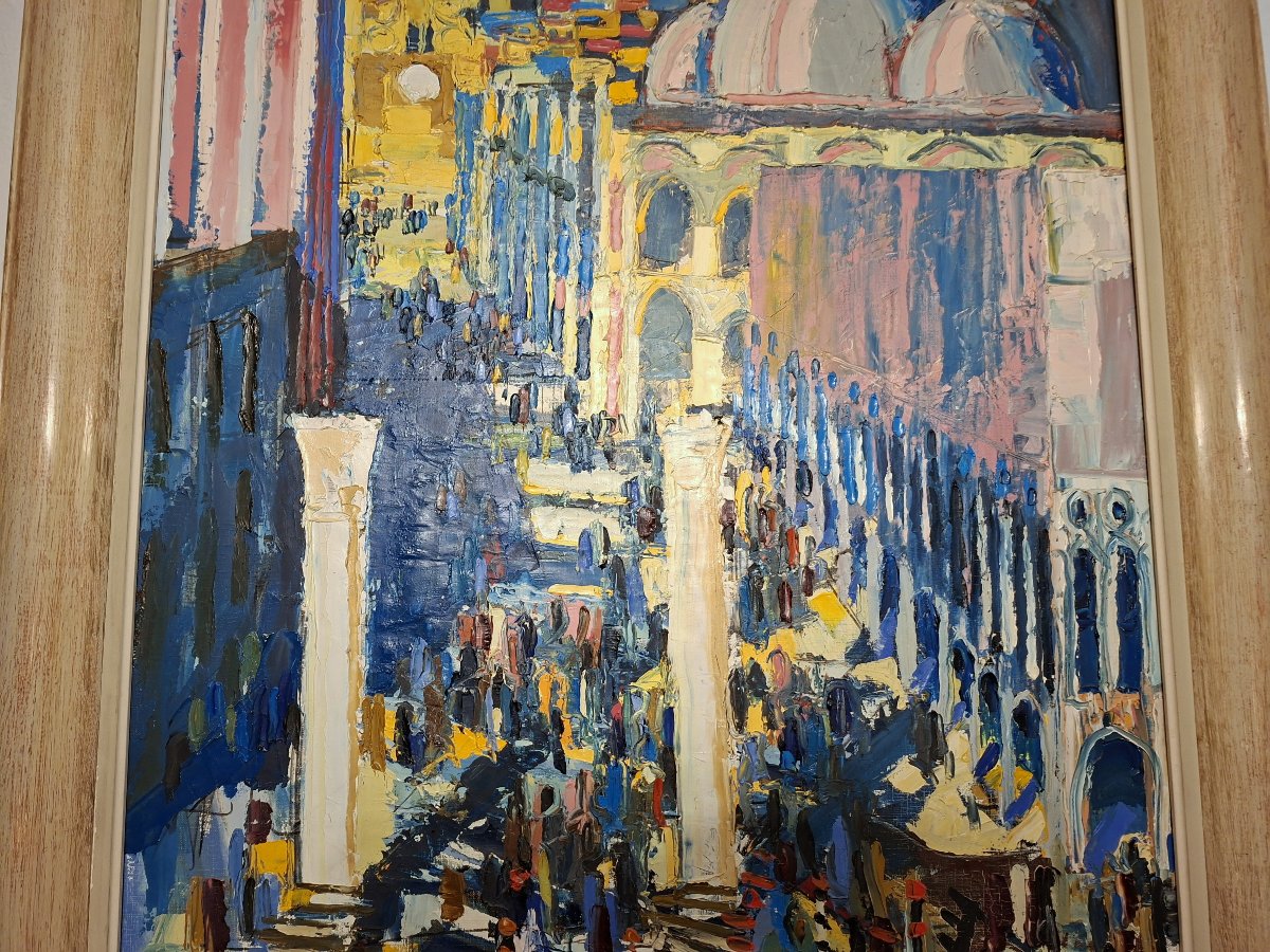 Importante huile sur toile représentant la Piazzetta à Venise-photo-4