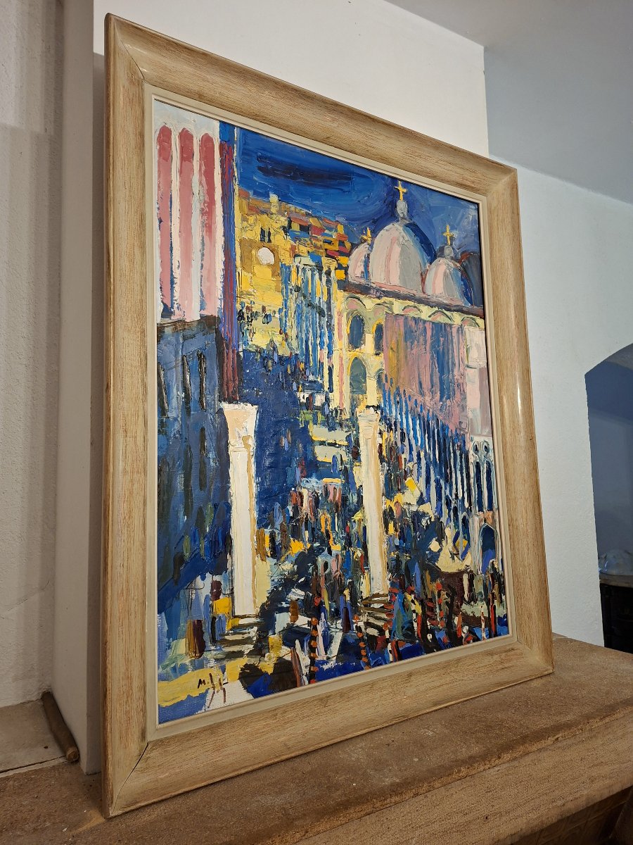 Importante huile sur toile représentant la Piazzetta à Venise-photo-3