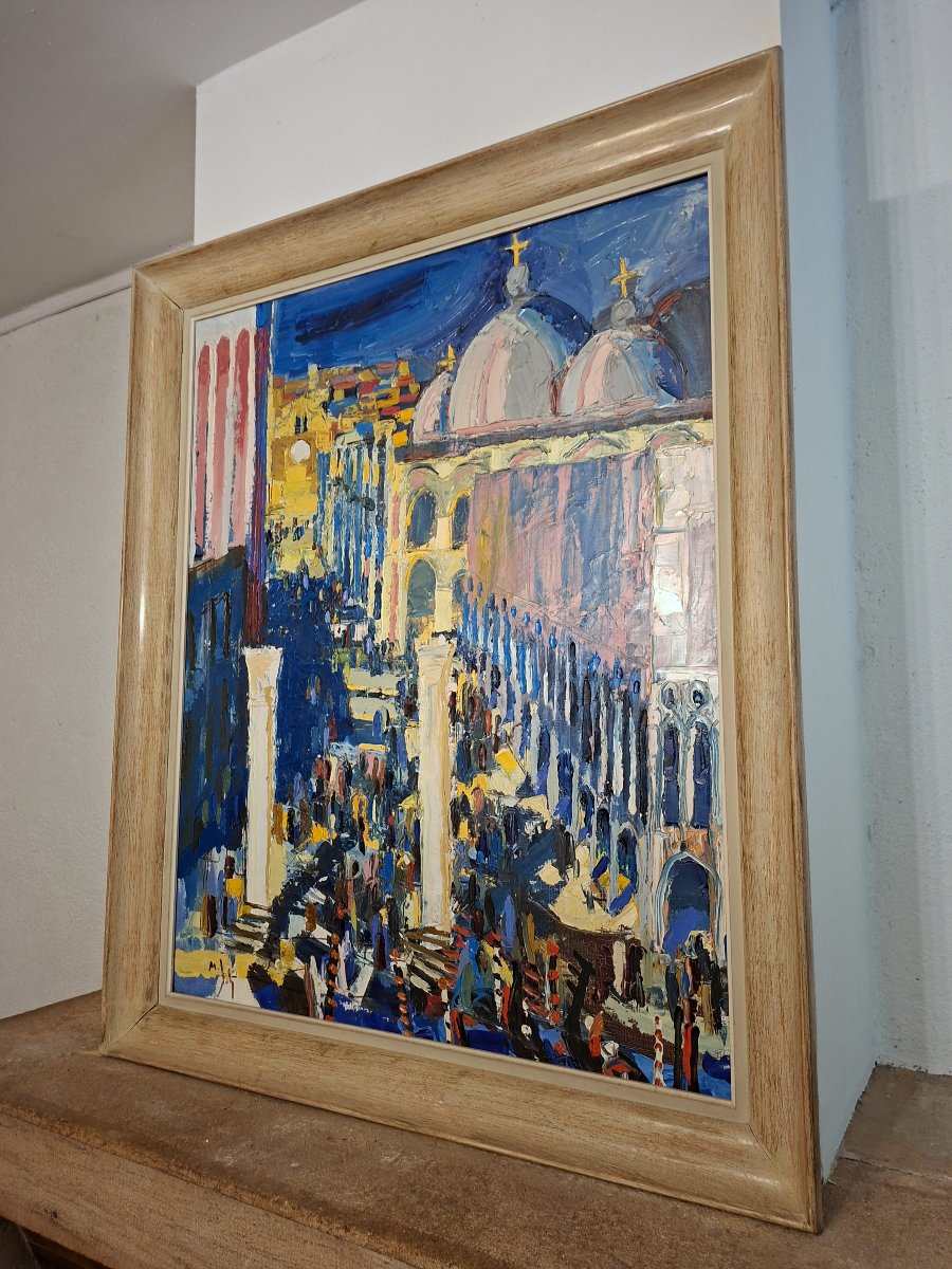 Importante huile sur toile représentant la Piazzetta à Venise-photo-4