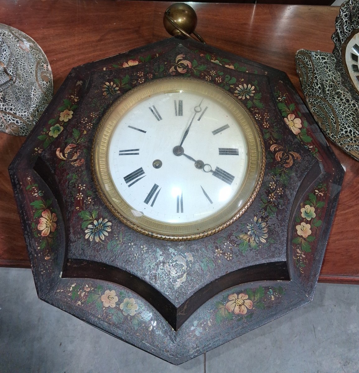 Octagonal Wall Clock Painted With Flowers, Napoleon III Era-photo-2