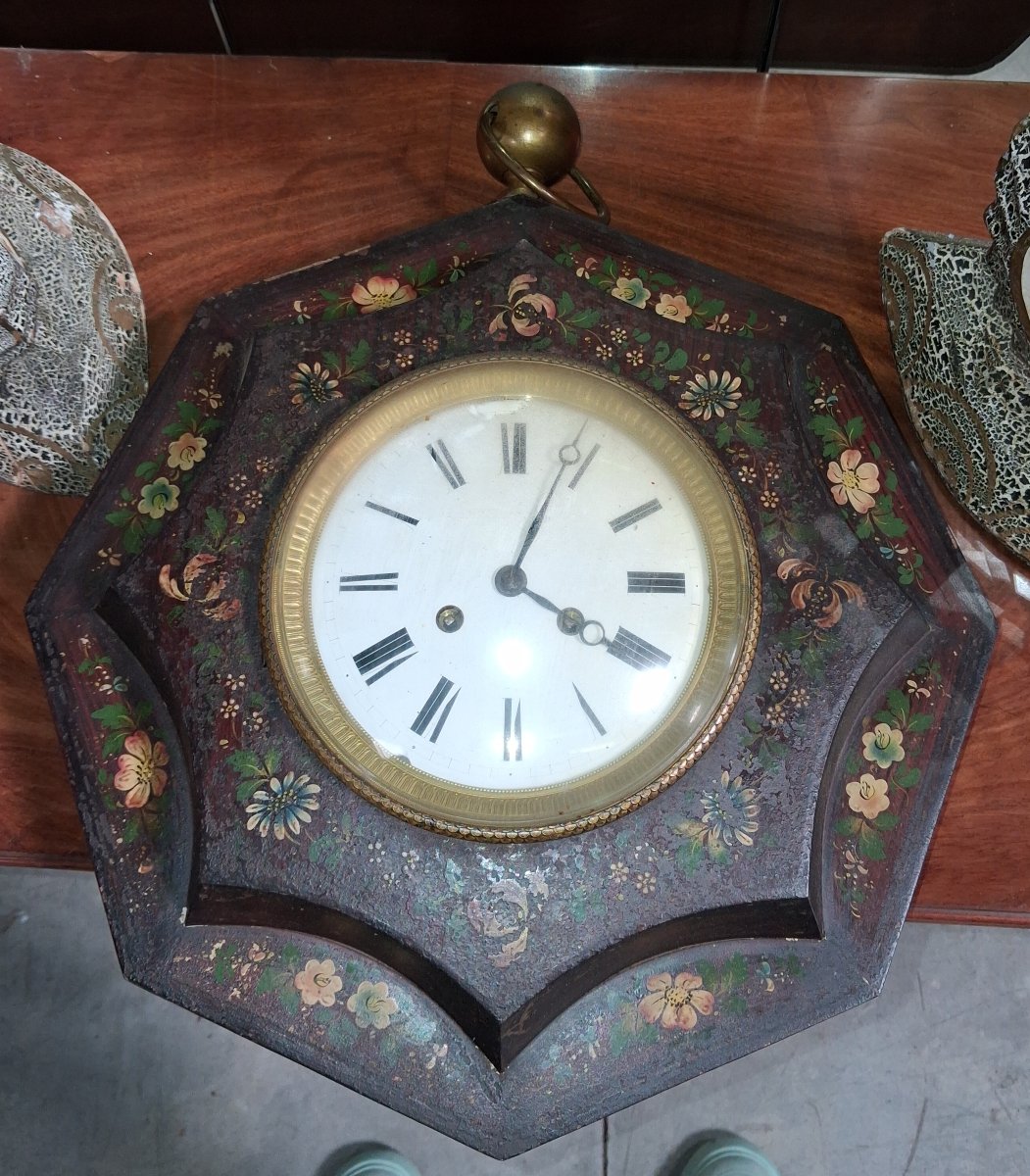 Octagonal Wall Clock Painted With Flowers, Napoleon III Era-photo-3