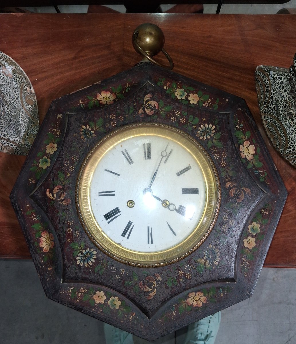Octagonal Wall Clock Painted With Flowers, Napoleon III Era-photo-4