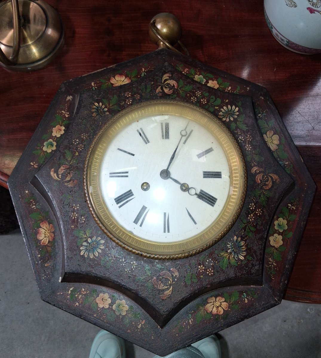 Octagonal Wall Clock Painted With Flowers, Napoleon III Era-photo-1