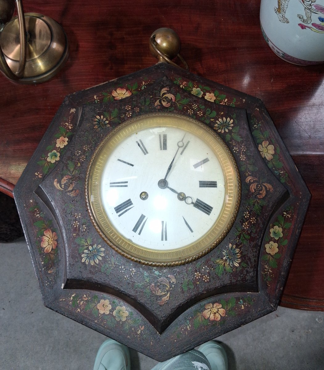 Octagonal Wall Clock Painted With Flowers, Napoleon III Era-photo-2