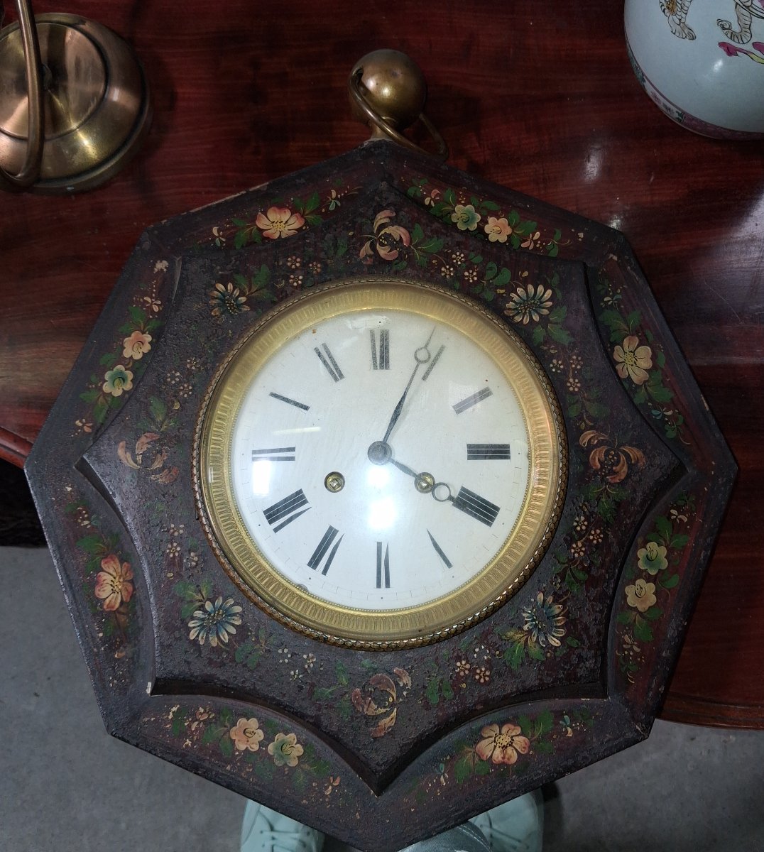 Octagonal Wall Clock Painted With Flowers, Napoleon III Era-photo-3