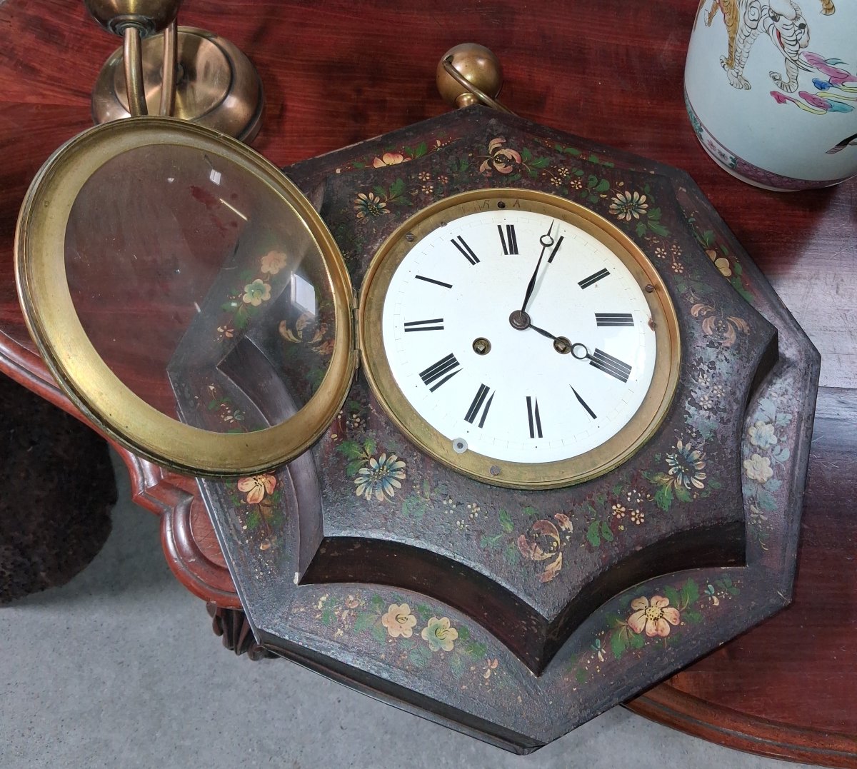 Octagonal Wall Clock Painted With Flowers, Napoleon III Era-photo-6