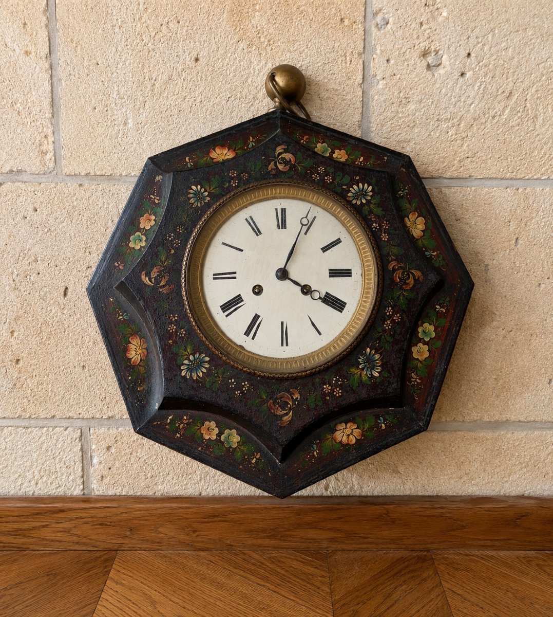 Octagonal Wall Clock Painted With Flowers, Napoleon III Era