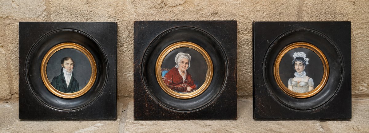 3 Watercolor Miniatures On Vellum, Depicting Three Members Of The Same Family