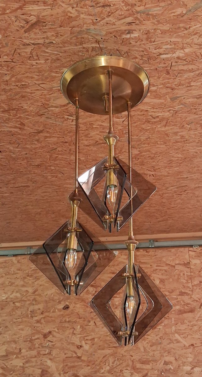 Designer Pendant Lamp In Brass And Smoked Glass – 1970s -photo-3