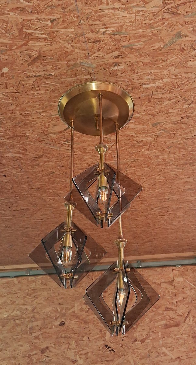 Designer Pendant Lamp In Brass And Smoked Glass – 1970s -photo-4