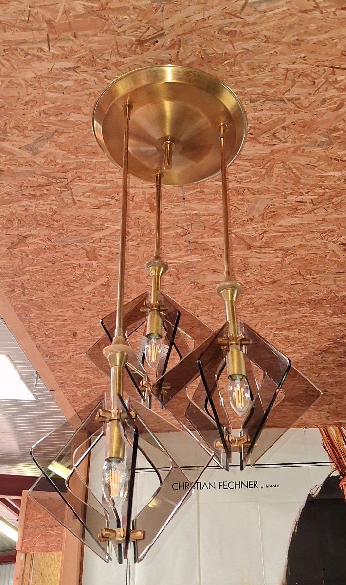 Designer Pendant Lamp In Brass And Smoked Glass – 1970s -photo-2