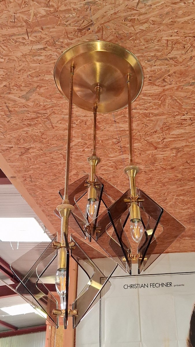 Designer Pendant Lamp In Brass And Smoked Glass – 1970s -photo-3