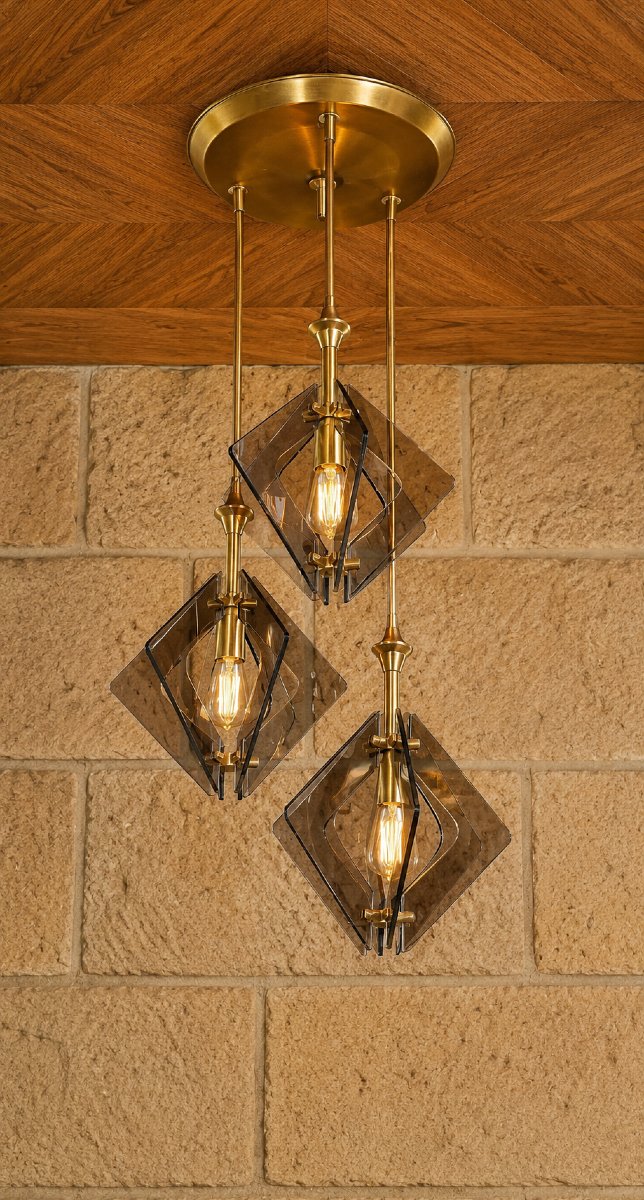 Designer Pendant Lamp In Brass And Smoked Glass – 1970s 