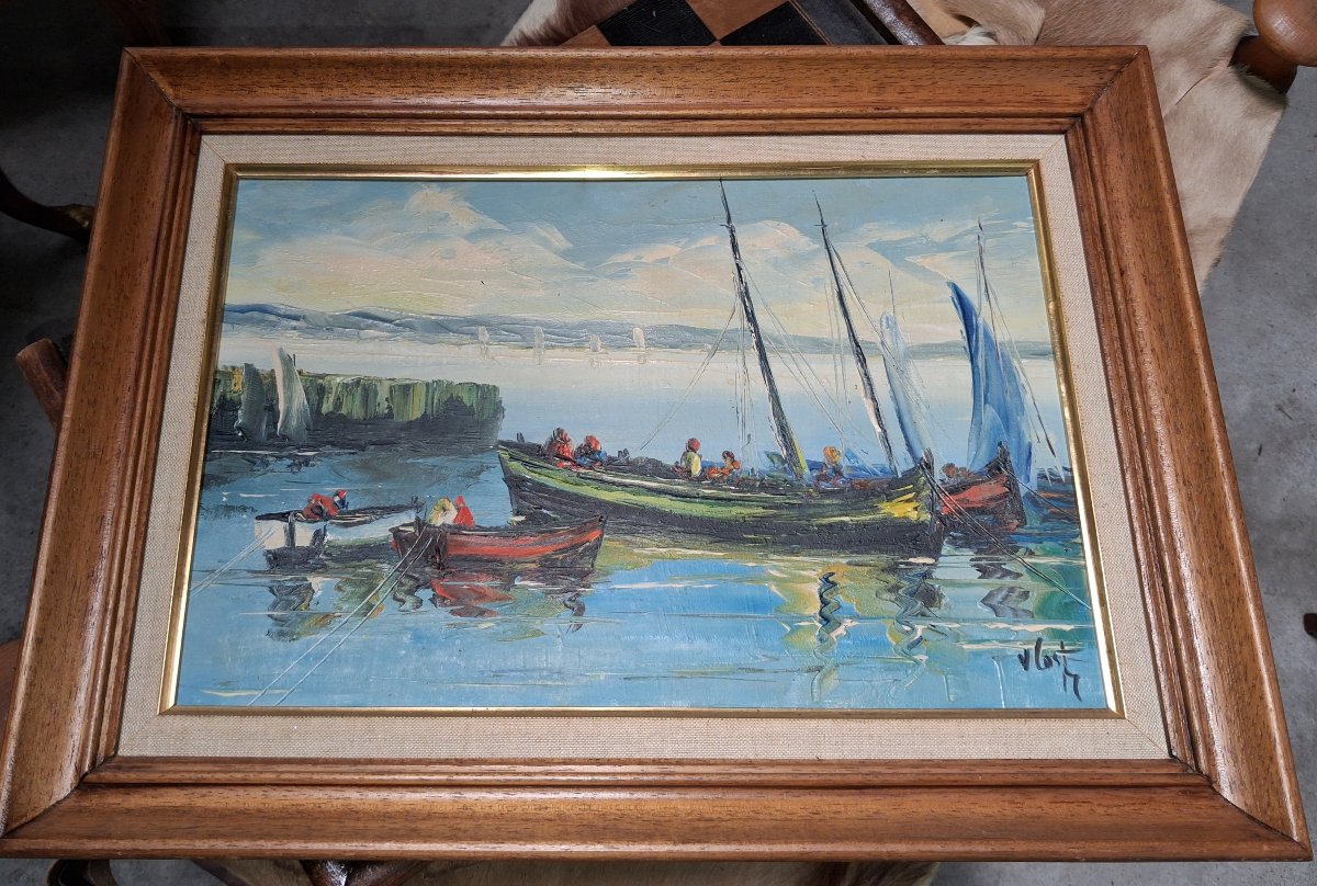 Marine animée – Huile sur toile signée V. Le T. (à identifier) -photo-4
