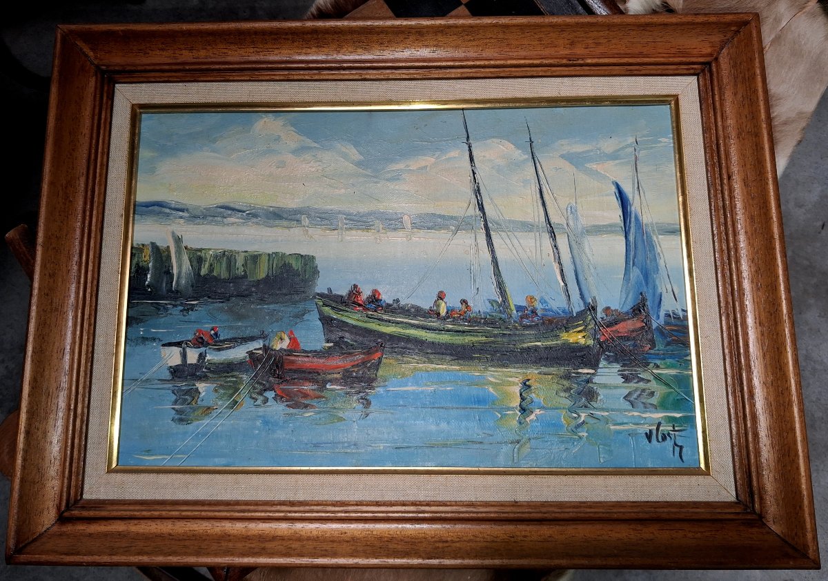 Marine animée – Huile sur toile signée V. Le T. (à identifier) -photo-1