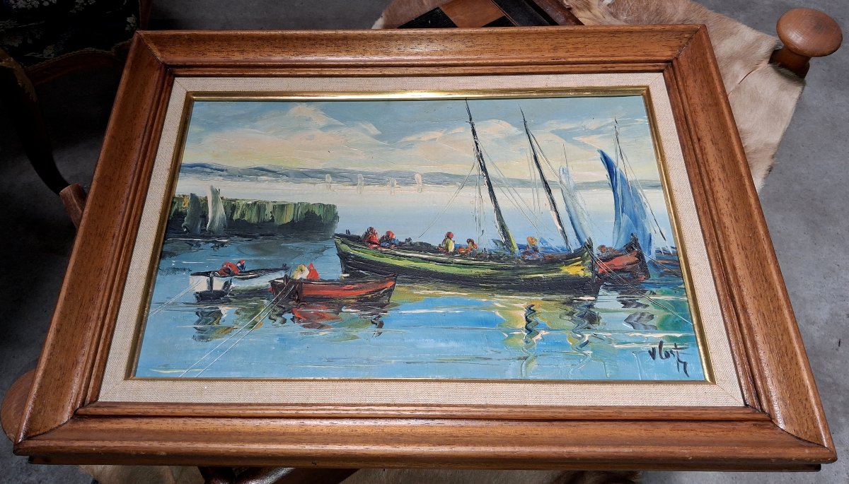 Marine animée – Huile sur toile signée V. Le T. (à identifier) -photo-2