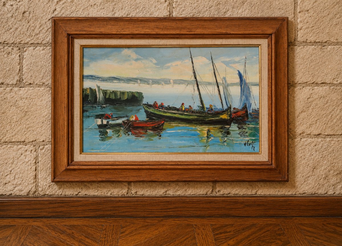 Marine animée – Huile sur toile signée V. Le T. (à identifier) 