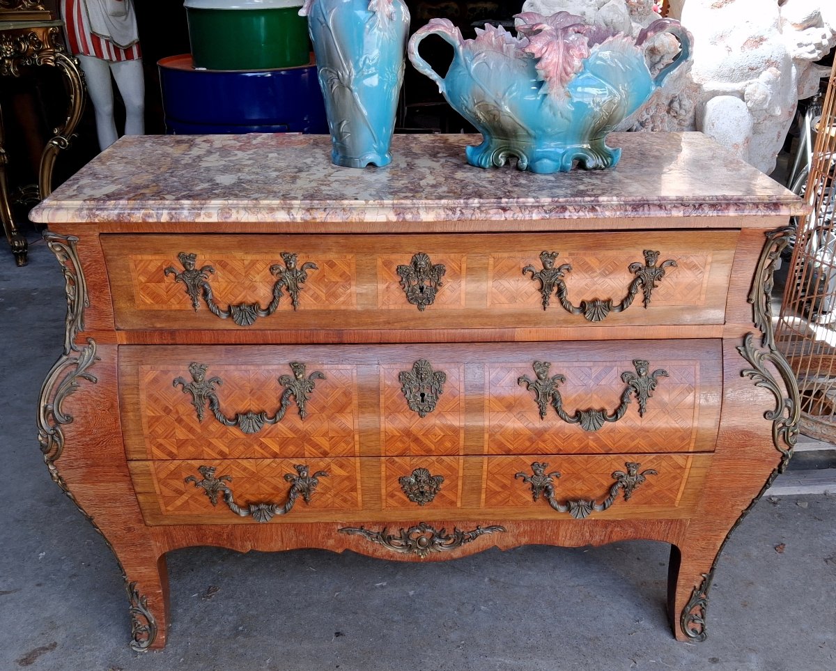 Commode tombeau de style Louis XV, marqueterie et marbre -photo-2