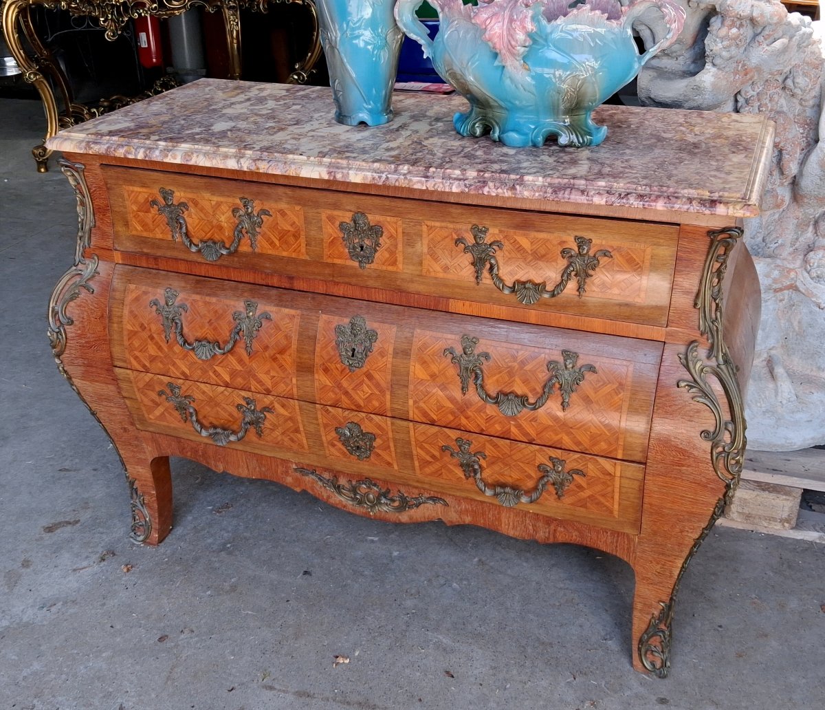 Commode tombeau de style Louis XV, marqueterie et marbre -photo-4