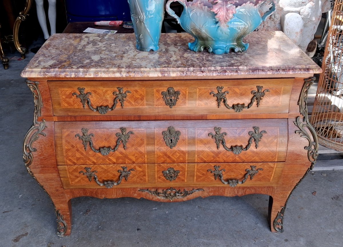 Commode tombeau de style Louis XV, marqueterie et marbre -photo-1