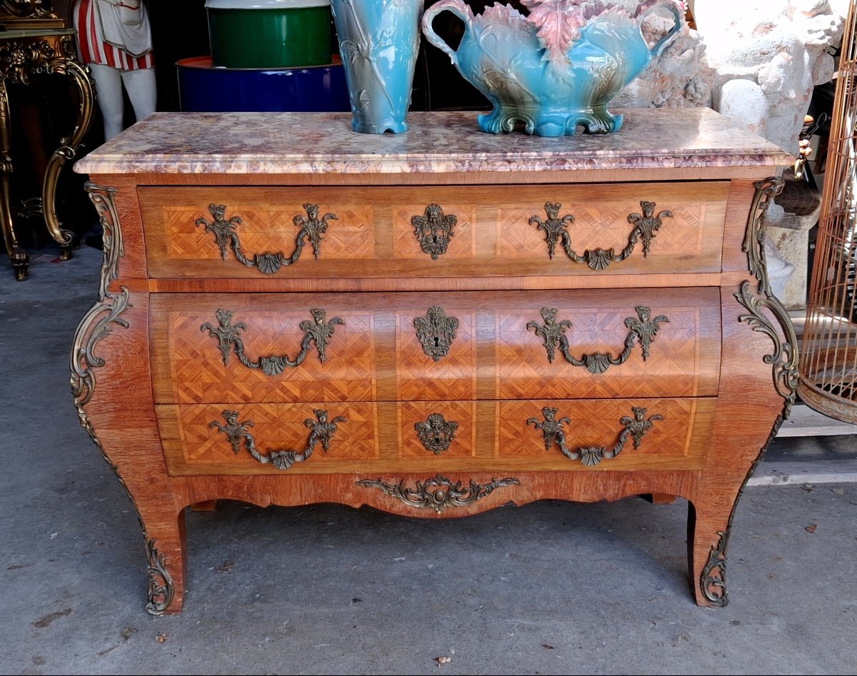 Commode tombeau de style Louis XV, marqueterie et marbre -photo-2