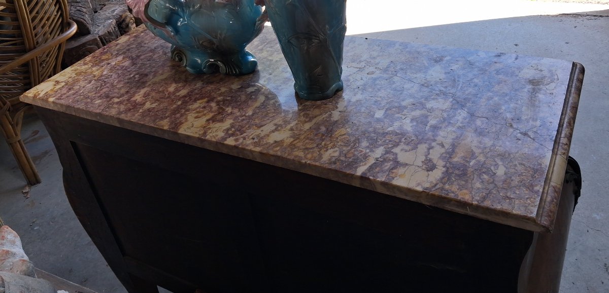 Commode tombeau de style Louis XV, marqueterie et marbre -photo-4