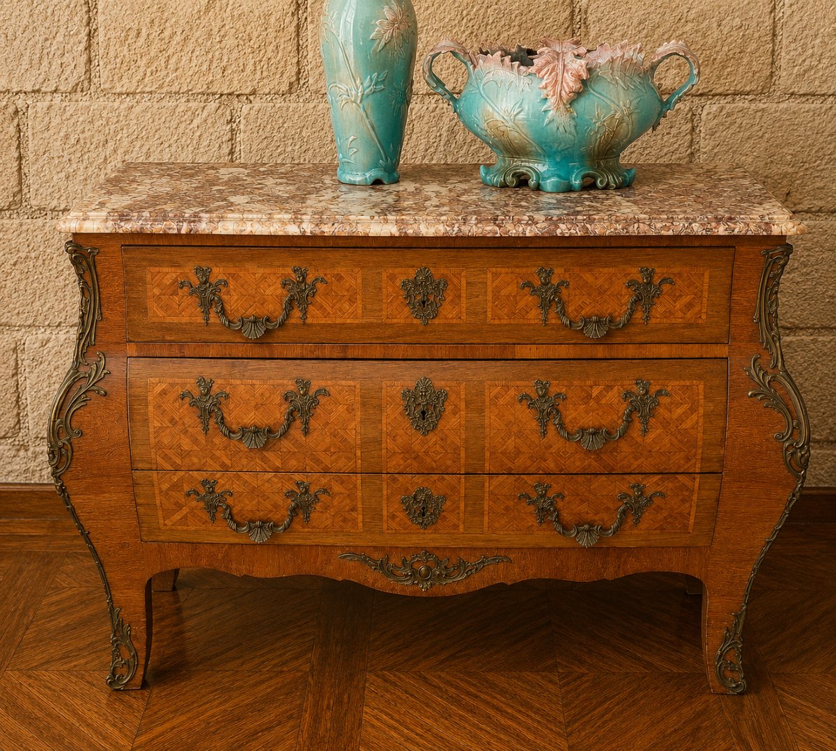 Commode tombeau de style Louis XV, marqueterie et marbre 