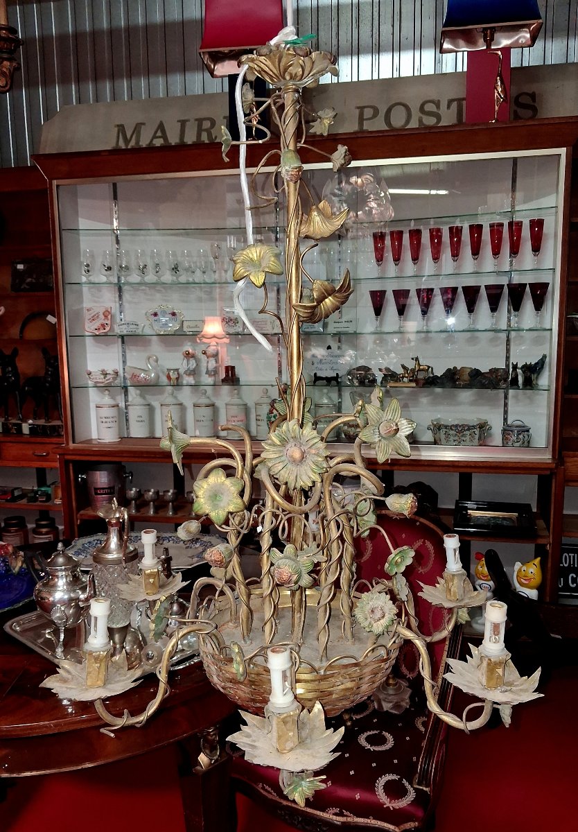 Grand lustre floral Art nouveau en bronze et métal patiné -photo-3