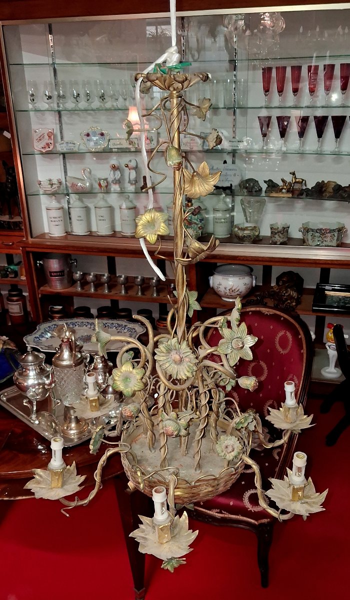 Grand lustre floral Art nouveau en bronze et métal patiné -photo-4