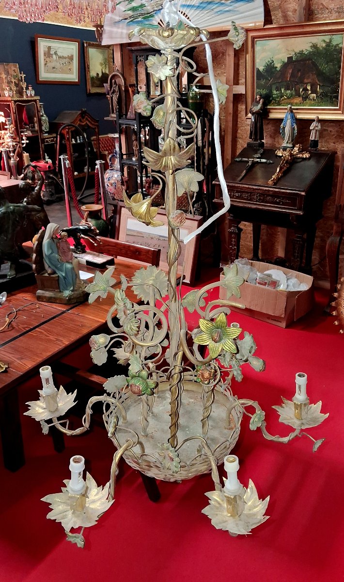 Grand lustre floral Art nouveau en bronze et métal patiné -photo-2